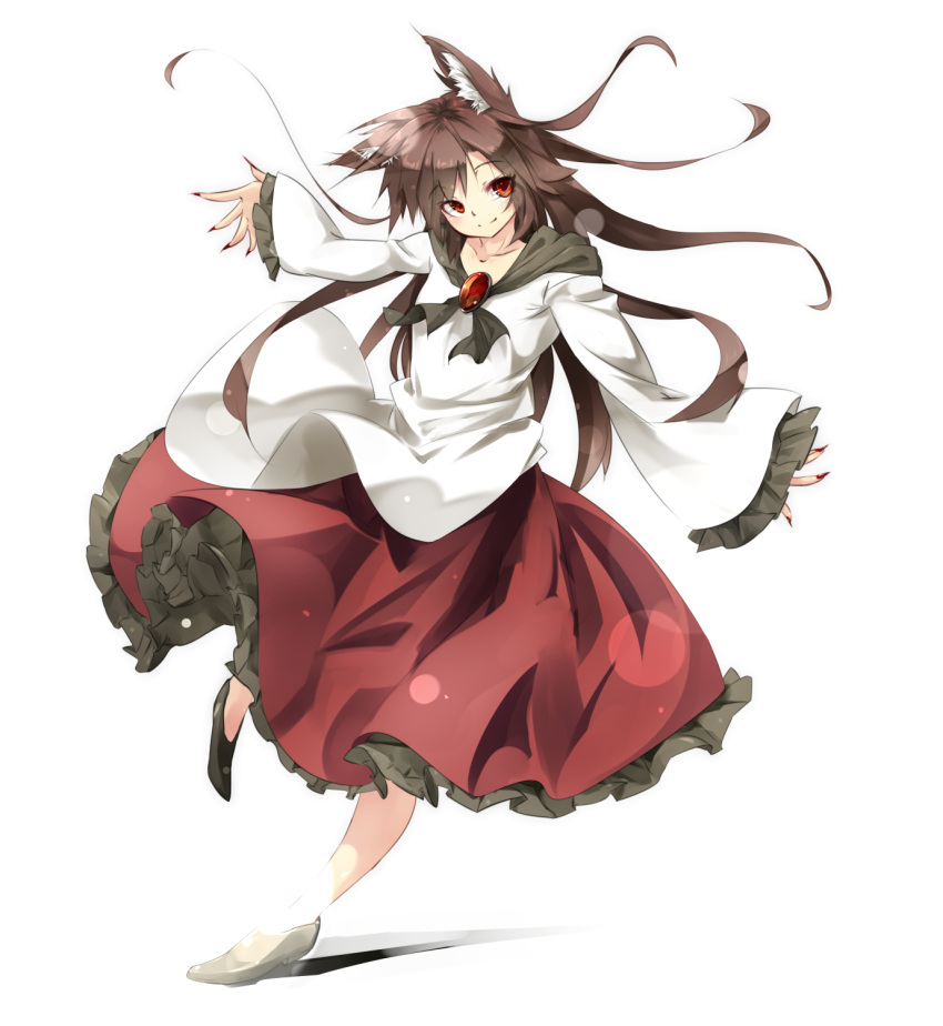 1girl animal_ears brooch brown_hair fingernails full_body gorilla_(bun0615) highres imaizumi_kagerou jewelry long_fingernails long_hair long_sleeves looking_at_viewer red_eyes shirt simple_background skirt smile solo tail touhou very_long_hair werewolf white_background wide_sleeves wolf_ears