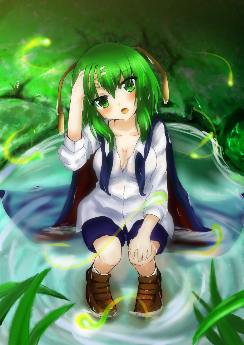 1girl absurdres antennae biburu breasts cape cleavage fireflies flower grass green_eyes green_hair hand_in_hair hand_on_own_knee head_tilt highres in_water light_trail lily_of_the_valley looking_at_viewer moss open_mouth payot rock short_hair sitting solo touhou wet wet_clothes wet_hair wriggle_nightbug