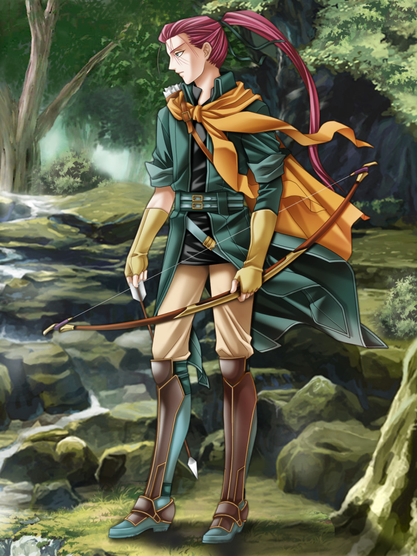 1boy armored_boots arrow belt bow_(weapon) cape expressionless fire_emblem fire_emblem:_akatsuki_no_megami forest green_background green_eyes highres holding looking_away looking_to_the_side nature ponytail purple_hair shinon_(fire_emblem) solo tamamon tree vest weapon