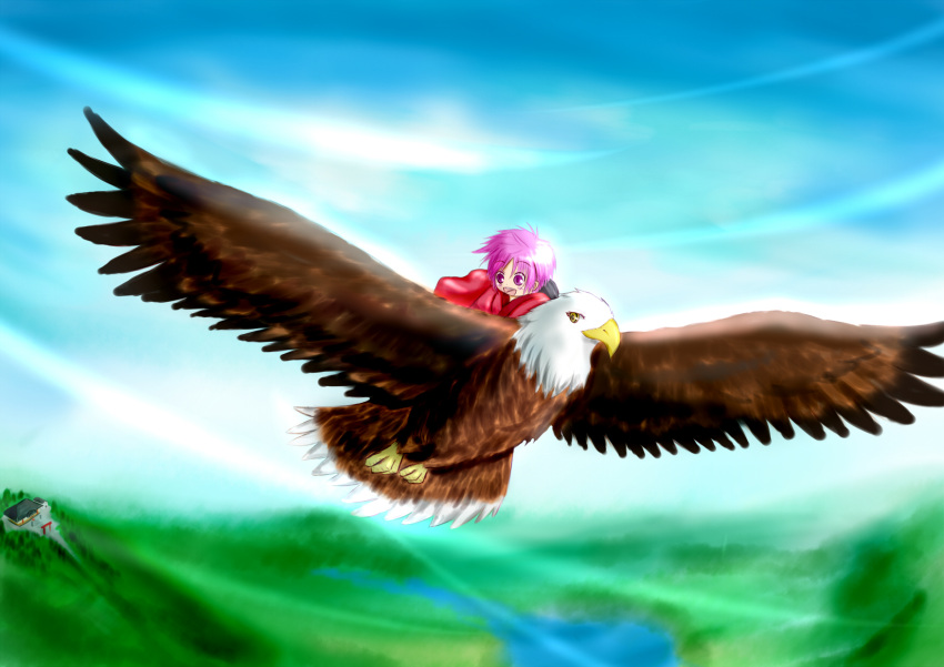 1girl architecture bald_eagle bird blue_sky clouds eagle east_asian_architecture facing_away flying forest hakurei_shrine hat hat_removed headwear_removed highres japanese_clothes kimono lake lavender_eyes lavender_hair nature open_mouth sitting_on_animal sky solo sukuna_shinmyoumaru torii touhou uru_(uru0301)
