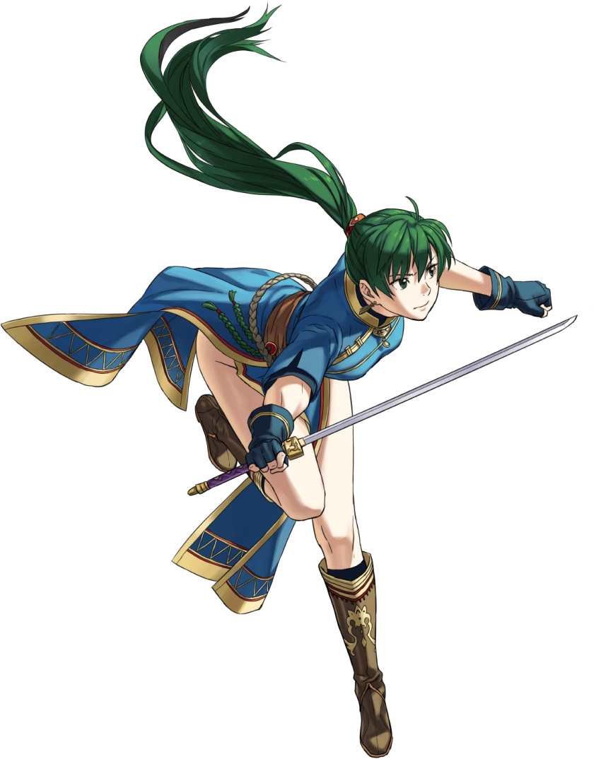 1girl ahoge bare_legs bent_over boots breasts brown_boots clenched_hand closed_mouth dress earrings female fingerless_gloves fire_emblem fire_emblem:_rekka_no_ken fire_emblem_heroes floating_hair full_body gloves green_eyes green_hair highres holding holding_weapon jewelry knee_boots leaning leaning_forward legs long_ponytail lyndis_(fire_emblem) matching_hair/eyes medium_breasts nintendo official_art pelvic_curtain ponytail serious short_sleeves side_slit solo standing standing_on_one_leg sword transparent_background weapon
