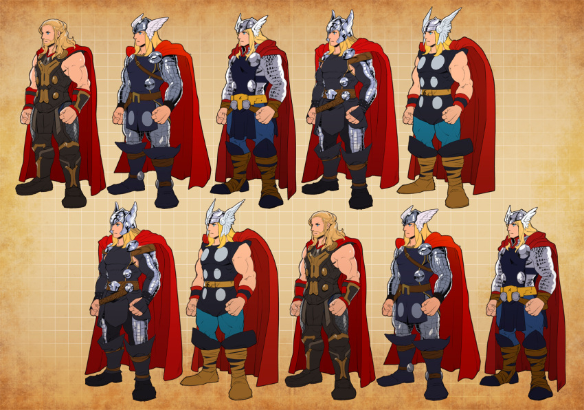 armor avengers beard blonde_hair blue_eyes cape disk_wars:_avengers facial_hair hat_wings helmet marvel multiple_persona nikumeron thor_(marvel)