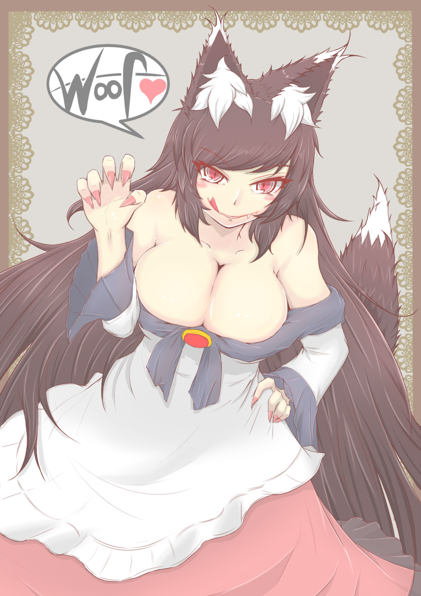 1girl animal_ears bare_shoulders breasts brooch brown_hair cleavage cube85 fingernails highres imaizumi_kagerou jewelry large_breasts licking_lips long_fingernails long_hair long_sleeves red_eyes red_nails shirt skirt smile solo tail touhou very_long_hair werewolf wide_sleeves wolf_ears wolf_tail