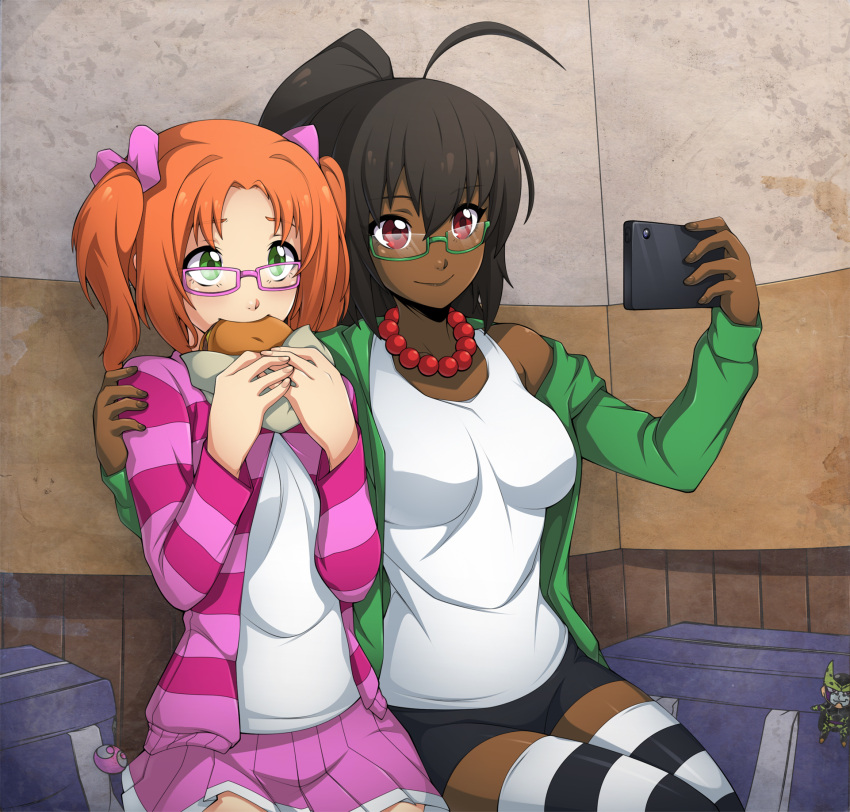 2girls ahoge arm_around_shoulder black_hair blush borrowed_character bow breasts cardigan character_request cyron_tanryoku dark_skin food food_in_mouth glasses green-framed_glasses green_eyes hair_bow hamburger highres huge_ahoge jewelry long_hair multiple_girls necklace off_shoulder orange_hair original pearl_necklace pink-framed_glasses ponytail red_eyes self_shot semi-rimless_glasses short_twintails shorts sitting skirt smile spike_wible striped striped_legwear tank_top thigh-highs twintails under-rim_glasses very_dark_skin
