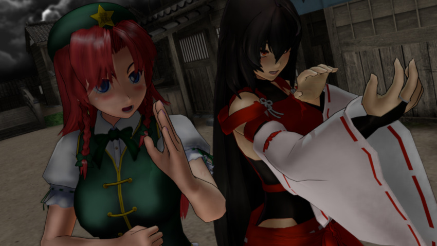 2girls 3d beret black_hair blue_eyes bow braid breasts bridal_gauntlets bridge building chinese_clothes clouds cloudy_sky collared_shirt commentary_request dark detached_sleeves dutch_angle fighting_stance fingernails grass green_hat green_vest ground hair_bow hand_up hands_up hat head_tilt highres hips hong_meiling large_breasts littlebeats long_hair mikumikudance multiple_girls nail_polish nontraditional_miko open_mouth orange_eyes outdoors puffy_short_sleeves puffy_sleeves purple_nails redhead ribbon-trimmed_sleeves ribbon_trim sendai_hakurei_no_miko short_sleeves side-by-side sky star storm teeth tongue touhou twin_braids very_long_hair vest village