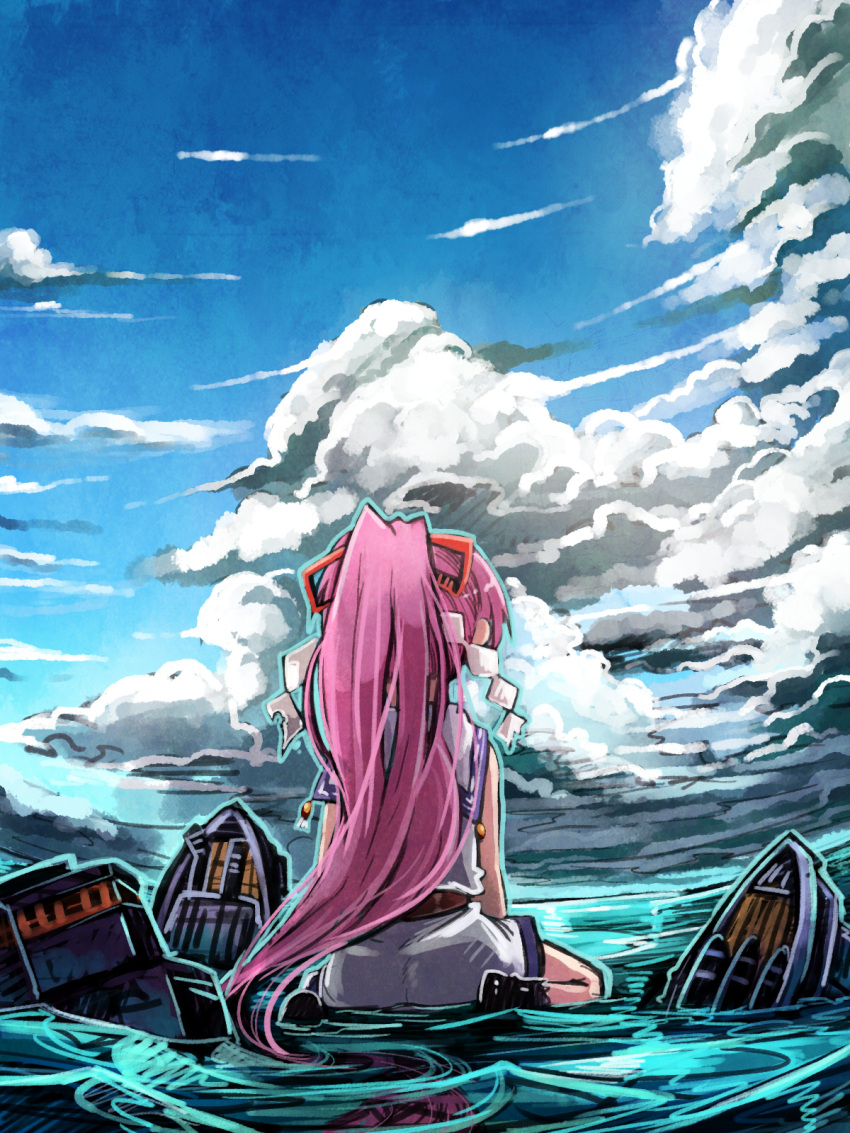 1girl amagaeru_(hylathewet) bare_shoulders blue_sky clouds cloudy_sky damaged from_behind hatsuharu_(kantai_collection) high_ponytail highres kantai_collection long_ponytail machinery ocean ponytail purple_hair remodel_(kantai_collection) sailor_dress shide sitting sitting_on_water sky solo wariza