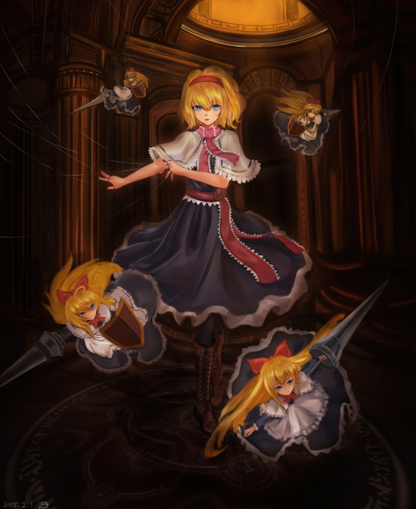 1girl alice_margatroid apron black_legwear blonde_hair blue_dress blue_eyes boots bow capelet cross-laced_footwear dress flying full_body hair_bow hairband highres indoors knee_boots lance long_hair looking_at_viewer magic_circle outstretched_hand pantyhose parted_lips pillar polearm puppet_rings puppet_strings ribbon sash shanghai_doll shield short_hair solo standing touhou waist_apron weapon yunming_(lushaobin)