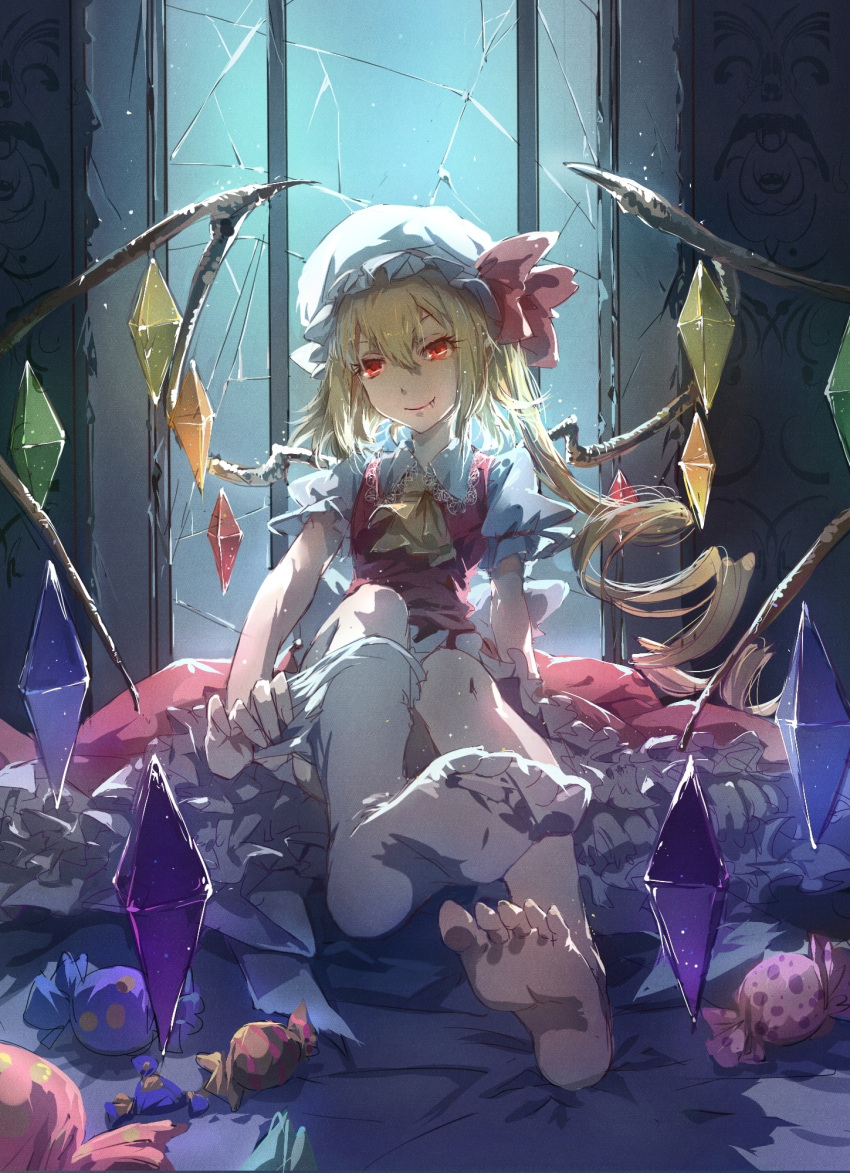 1girl ascot blonde_hair candy crack eyelashes fang fang_out flandre_scarlet frilled_skirt frills hat hat_ribbon highres indoors looking_at_viewer mob_cap puffy_short_sleeves puffy_sleeves red_eyes ribbon shadow short_hair short_sleeves side_ponytail single_thighhigh sitting skirt skirt_set smile solo thigh-highs thighhighs_pull touhou window wings yuiko_(yuiko33miao)