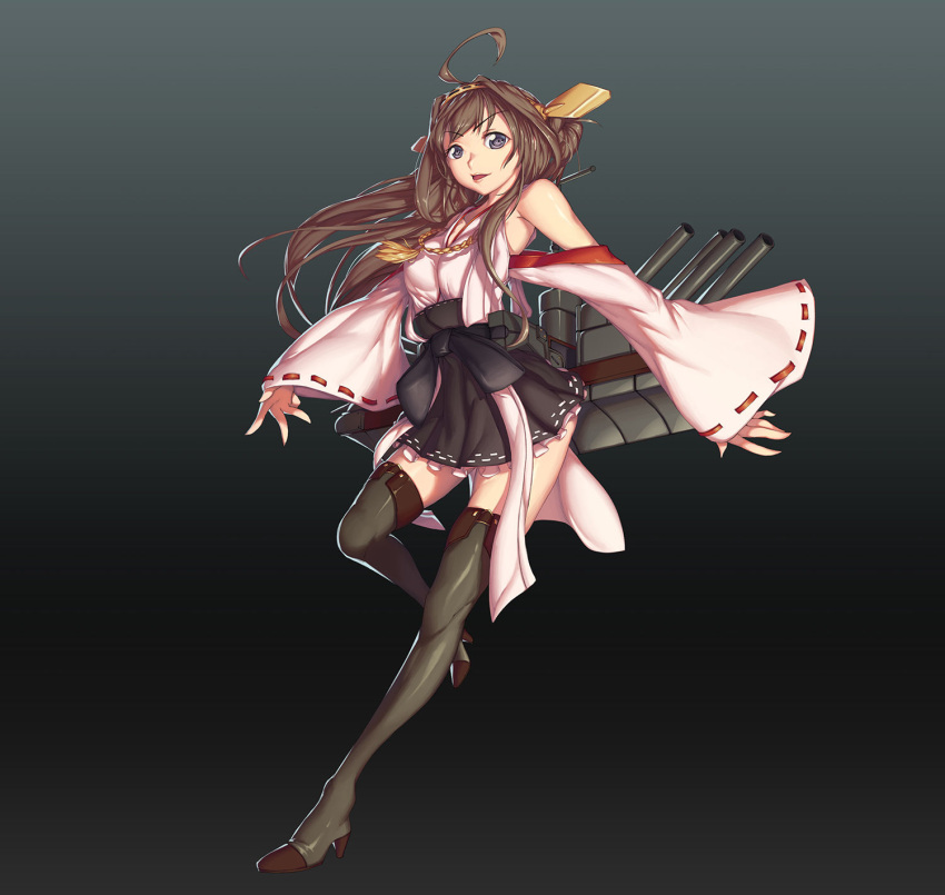 1girl ahoge bare_shoulders black_legwear brown_hair cannon detached_sleeves double_bun frost_king hairband highres huge_ahoge kantai_collection kongou_(kantai_collection) long_hair mecha_musume nontraditional_miko skirt solo thigh-highs zettai_ryouiki
