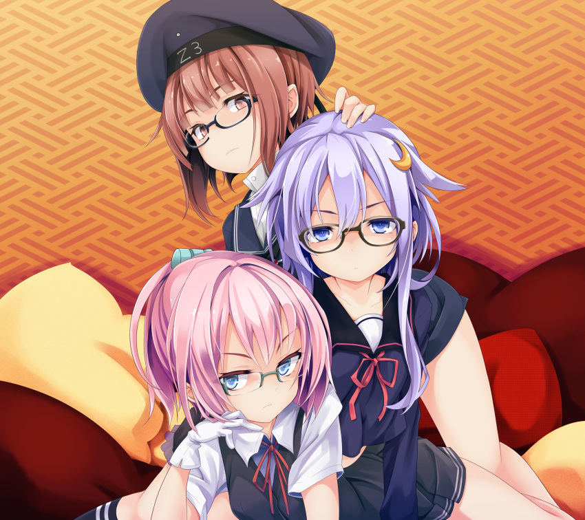 3girls bespectacled blue_eyes brown_eyes brown_hair crescent_hair_ornament glasses hair_ornament hand_on_another's_head highres kantai_collection multiple_girls ogami_kazuki pillow pink_hair purple_hair semi-rimless_glasses shiranui_(kantai_collection) under-rim_glasses yayoi_(kantai_collection) z3_max_schultz_(kantai_collection)