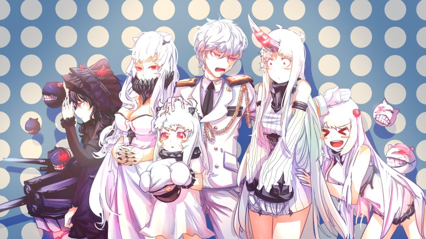 &gt;_&lt; 1boy 5girls :d admiral_(kantai_collection) airfield_hime black_hair breasts cleavage covered_mouth detached_sleeves dress forte gothic_lolita hairband highres horn horns isolated_island_oni kantai_collection lolita_fashion lolita_hairband long_hair midway_hime military military_uniform mittens multiple_girls naval_uniform northern_ocean_hime open_mouth pale_skin petting red_eyes ribbed_dress seaport_hime shinkaisei-kan smile uniform white_hair xd