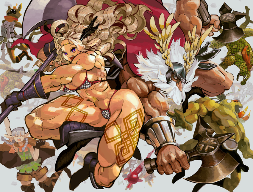 27_degrees amazon_(dragon's_crown) armlet armor bikini_armor blonde_hair circlet dragon's_crown dwarf_(dragon's_crown) elf_(dragon's_crown) feathers halberd long_hair muscle polearm tattoo thighs vanillaware weapon