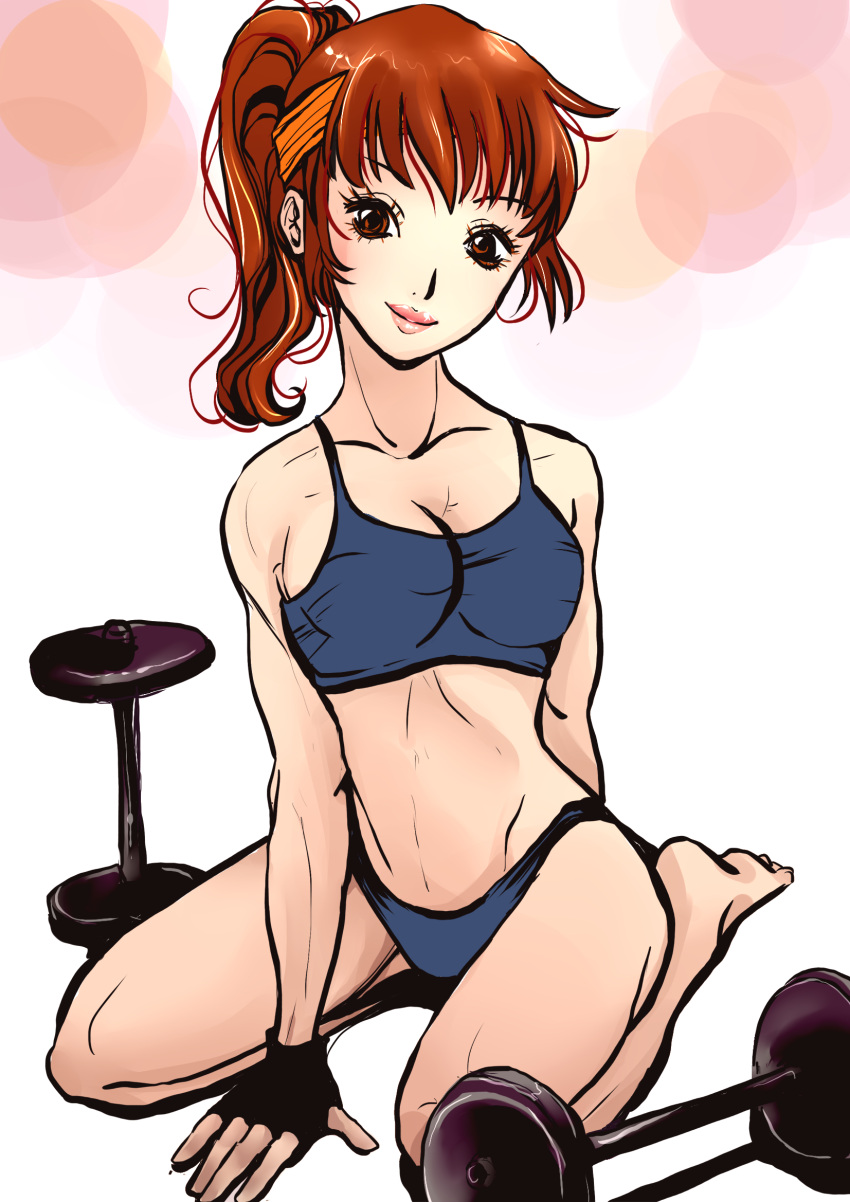 1girl barbell barefoot breasts brown_eyes brown_hair cleavage daimon_akiko fingerless_gloves gloves headband highres lips looking_at_viewer nekochuni ponytail seiza sitting smile solo sports_bra taisen_hot_gimmick taisen_hot_gimmick_4ever toned weights