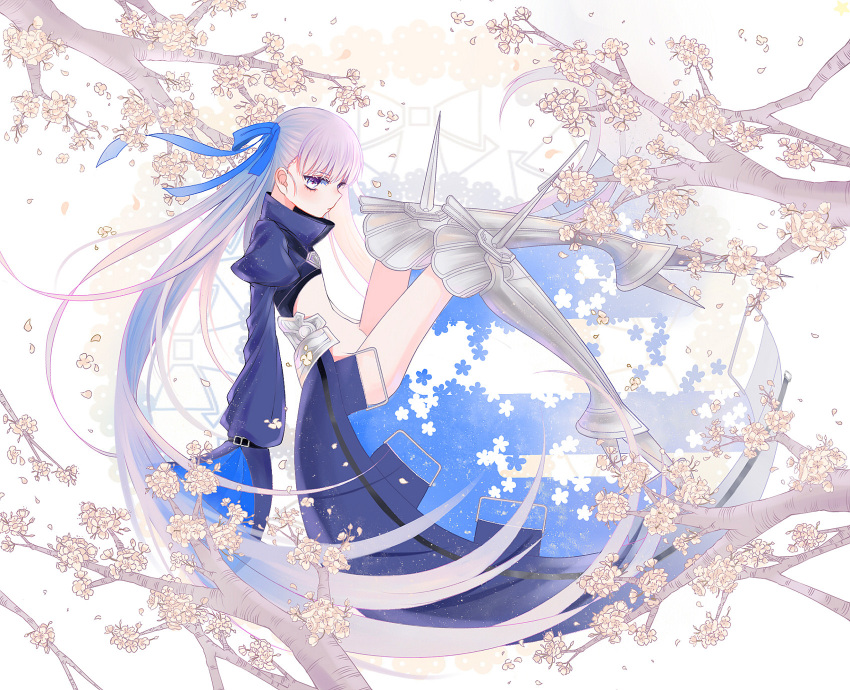 1girl cherry_blossoms fate/extra fate/extra_ccc fate_(series) flower greaves highres juliet_sleeves long_hair long_sleeves meltlilith pale_color puffy_sleeves purple_hair shimo_(smile19910702) solo tree very_long_hair