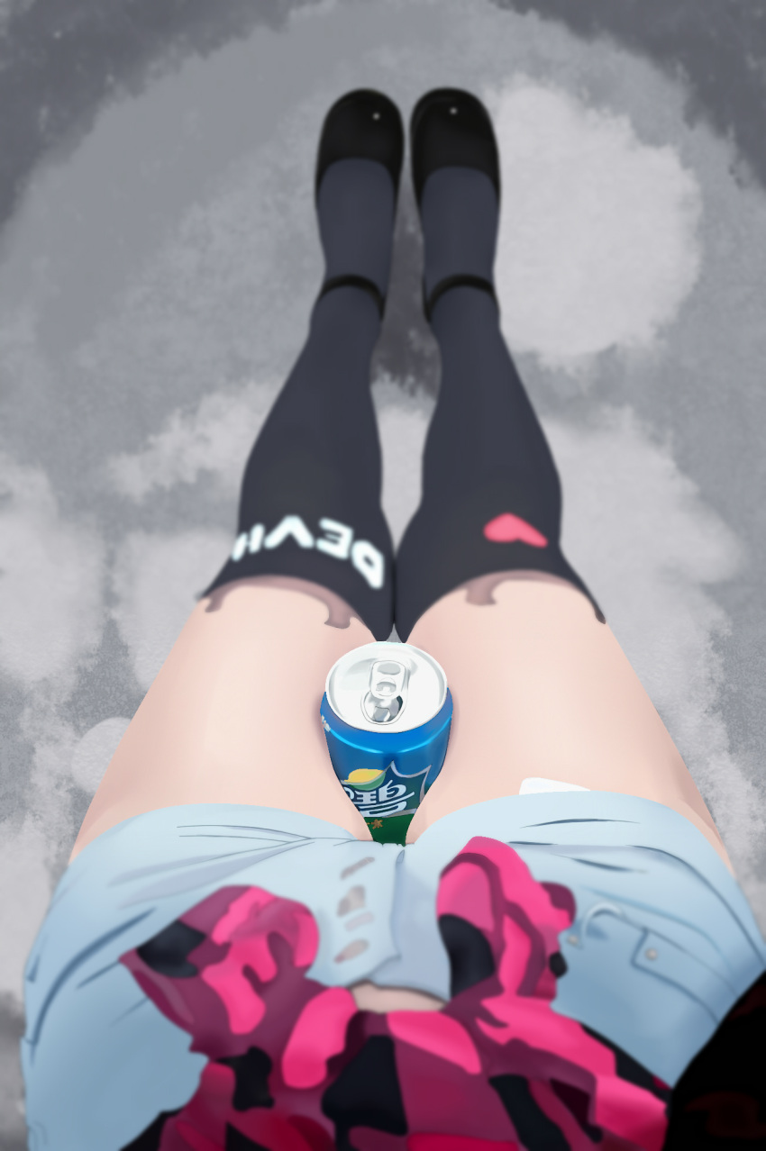 1girl artist_request blurry can depth_of_field from_above heart highres looking_down mary_janes original pov shoes shorts solo sprite_(drink) thigh-highs