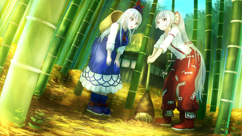 2girls albino alternate_hairstyle bamboo bamboo_forest bent_over blue_dress blue_hair boots bow building dress forest fujiwara_no_mokou full_body gutter hair_bow hair_ornament hat highres kamishirasawa_keine light_particles long_sleeves looking_at_viewer multiple_girls nature ofuda open_mouth pants ponytail red_eyes shirt smile touhou vest white_hair