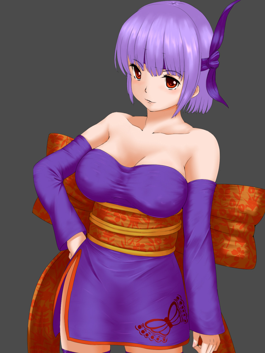 1girl ayane ayane_(doa) bare_shoulders bow breasts cleavage cowboy_shot dead_or_alive detached_sleeves grey_background hand_on_hip headband highres purple_hair raseruta red_eyes short_hair side_slit simple_background solo thigh-highs zettai_ryouiki