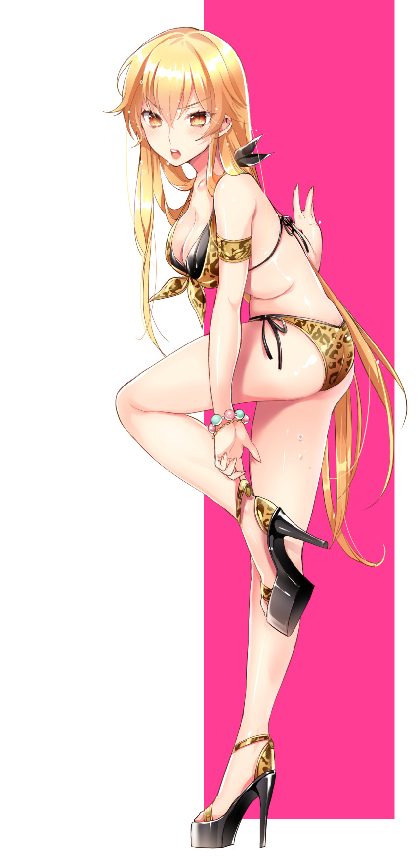 1girl absurdres adjusting_clothes adjusting_shoe arm_support bangs bikini blonde_hair blush bracelet breasts fate_(series) full_body genderswap gilgamesh high_heels highres jewelry leopard_print long_hair looking_at_viewer momoayamo open_mouth side-tie_bikini simple_background slit_pupils solo standing standing_on_one_leg swimsuit very_long_hair wet yellow_eyes