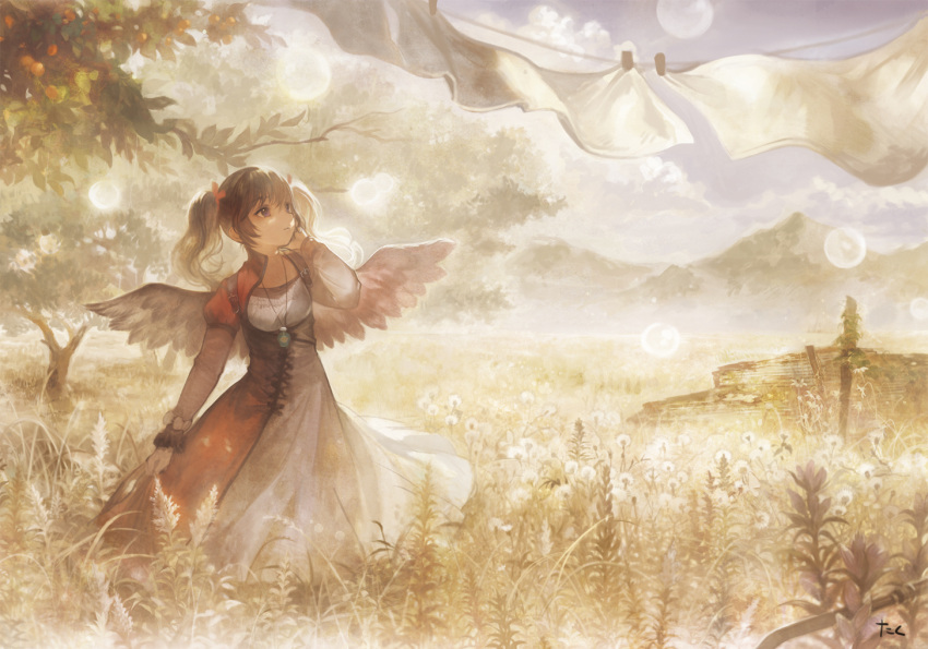 1girl amulet angel_wings black_eyes clothesline clouds dress field flower food fruit grass hair_ribbon hand_on_own_cheek horizon laundry lens_flare long_hair looking_up mountain muted_color original ribbon scenery sky solo taku_(fishdrive) tree twintails wings