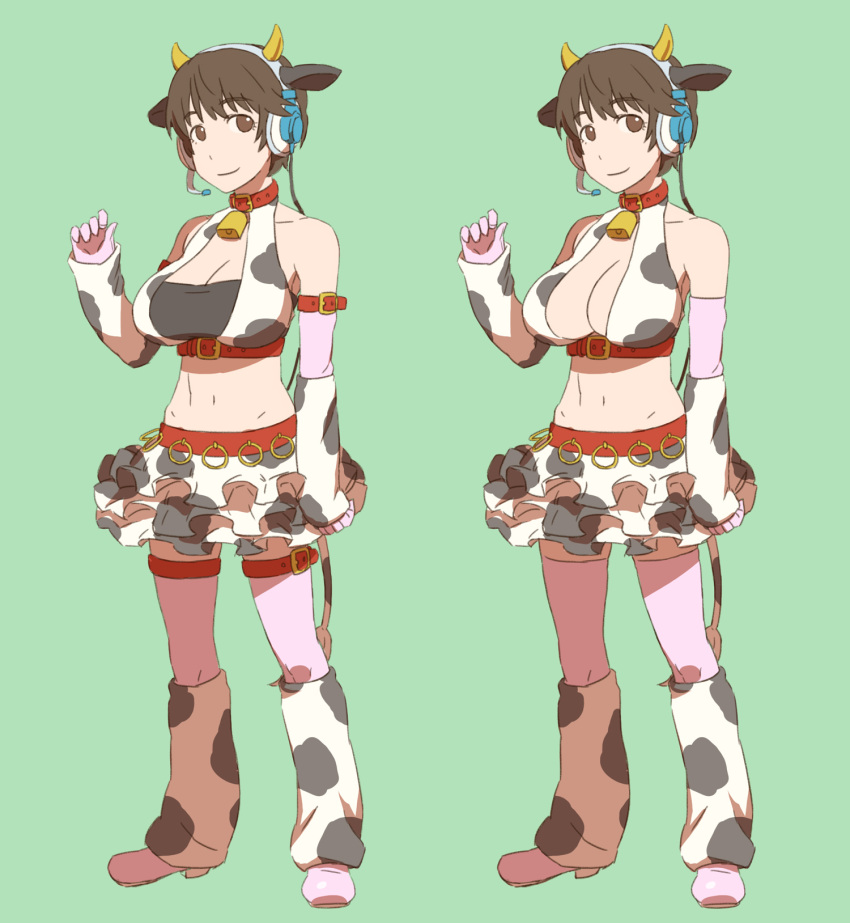 1girl animal_ears bare_shoulders bell bell_collar belt blush boots breasts brown_eyes brown_hair cleavage collar cow_bell cow_ears cow_horns cow_print detached_sleeves ebinera headset highres horns idolmaster idolmaster_cinderella_girls large_breasts midriff navel oikawa_shizuku short_hair shorts sketch solo
