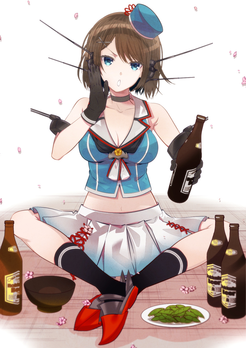 1girl black_gloves blue_eyes bottle breasts brown_hair choker cleavage gloves hat highres indian_style kantai_collection kuso_bba looking_at_viewer maya_(kantai_collection) midriff navel petals short_hair sitting socks solo white_background