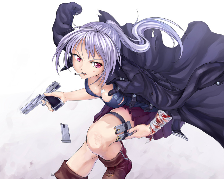 1girl atomix bandaged_arm bandages blood boots breasts character_request cigarette cleavage coat copyright_request desert_eagle gun handgun holding injury long_hair pink_eyes pistol pleated_skirt ponytail skirt smoke smoking_gun solo thigh_strap torn_clothes weapon