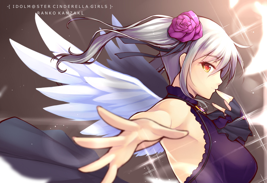 1girl armpits bare_shoulders black_dress black_wings breasts brooch character_name copyright_name dean dress eyelashes fingernails flower flowing_dress hair_flower hair_ornament hand_to_own_mouth highres idolmaster idolmaster_cinderella_girls jewelry kanzaki_ranko light_particles lolita_fashion long_hair looking_at_viewer outstretched_arm outstretched_hand purple_rose red_eyes rose rosenburg_engel silver_hair single_glove single_sleeve sleeveless smile solo twintails white_wings wings