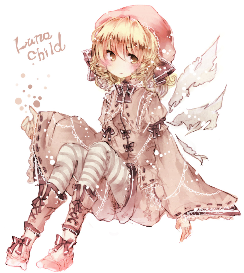 1girl ankle_boots arm_ribbon blonde_hair boots character_name dress drill_hair embellished_costume fairy_wings hair_ribbon head_scarf highres knees_up leg_warmers light_frown looking_at_viewer luna_child ribbon ribbon-trimmed_sleeves ribbon_trim sato_imo shoe_ribbon short_hair simple_background sitting sleeves_past_wrists solo striped striped_legwear thigh-highs touhou twin_drills white_background white_dress wings yellow_eyes
