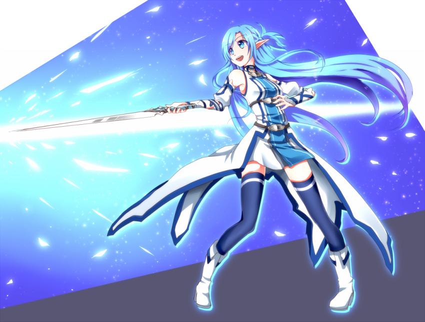 1girl asuna_(sao) asuna_(sao-alo) blue_eyes blue_hair boots long_hair omiso_(opia) pointy_ears sword sword_art_online thigh-highs weapon