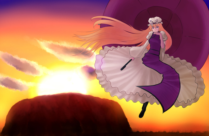 1girl australia boots clouds commentary_request dress floating frilled_dress frills gagarin_kichi grass hand_to_own_mouth hat hat_ribbon head_tilt highres hill long_hair long_sleeves mob_cap mountain orange_sky oversized_object puffy_long_sleeves puffy_sleeves real_world_location ribbon silhouette smile solo sun sunset tabard touhou twilight umbrella very_long_hair white_dress wide_sleeves wind yakumo_yukari
