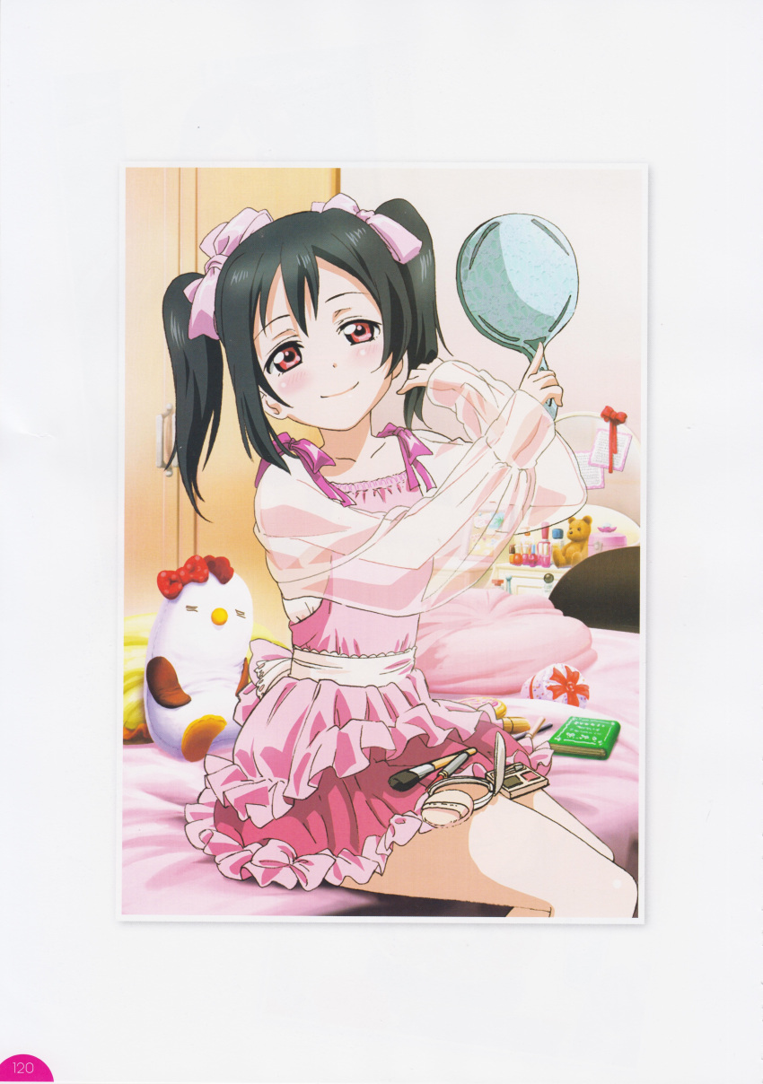 1girl absurdres artist_request black_hair blush bow casual dress hair_bow hand_mirror highres love_live!_school_idol_festival love_live!_school_idol_project makeup_brush mirror official_art pink pink_dress red_eyes sitting smile solo twintails yazawa_nico