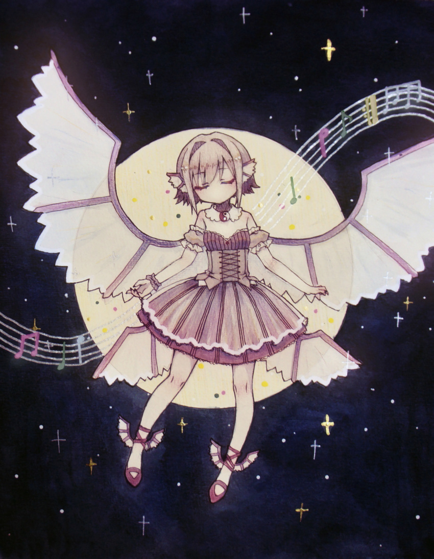 1girl absurdres alternate_costume animal_ears bare_shoulders closed_eyes colored_pencil_(medium) curtain_(posuinochuanglian) detached_collar detached_sleeves full_body full_moon highres mary_janes moon multiple_wings musical_note mystia_lorelei night no_hat no_mouth pink_hair puffy_sleeves shirt shoes short_hair short_sleeves skirt skirt_set solo star_(sky) touhou traditional_media watercolor_(medium) wings wrist_cuffs yin_yang