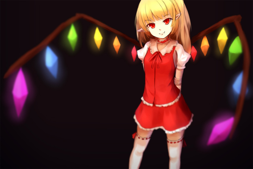 1girl adapted_costume alternate_costume arms_behind_back black_background blonde_hair blurry crystal fang flandre_scarlet looking_at_viewer no_hat pointy_ears ponytail puffy_sleeves red_eyes shirt shone short_hair short_sleeves side_ponytail simple_background skirt skirt_set smile solo thigh-highs touhou vest white_legwear wings zettai_ryouiki
