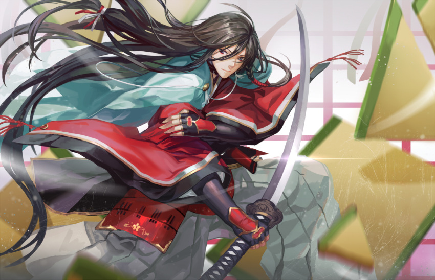 1boy black_hair blue_eyes infukun izumi-no-kami_kanesada japanese_clothes katana screen_door solo sword touken_ranbu weapon