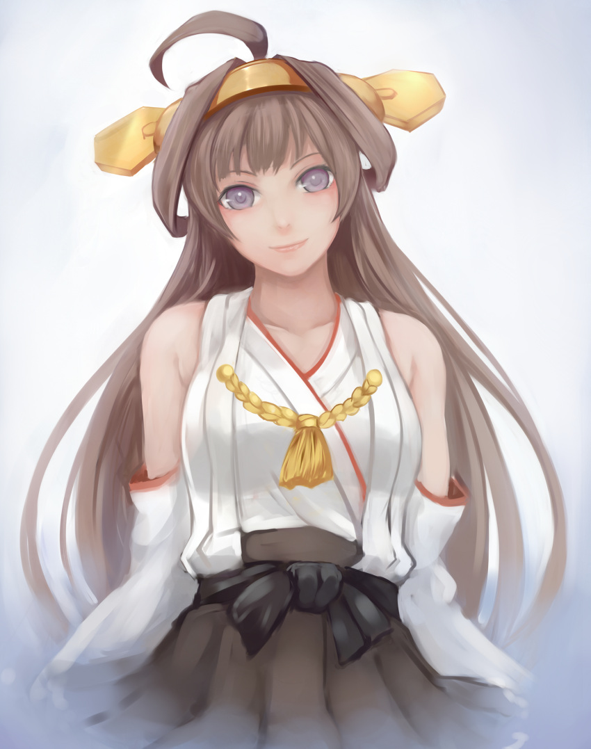 1girl absurdres ahoge bare_shoulders blouse brown_hair detached_sleeves double_bun grey_eyes hair_ornament hairband headgear highres japanese_clothes kantai_collection kongou_(kantai_collection) lips long_hair nontraditional_miko skirt smile solo yashichii