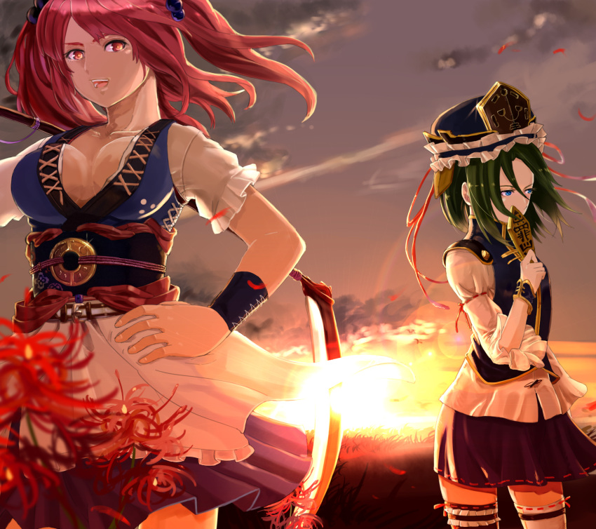 2girls belt black_legwear blue_eyes bracelet breasts carrying cleavage clouds covering_mouth facing_away flower green_hair hair_bobbles hair_ornament hand_on_hip hat hat_ribbon highres jewelry katsuan_(mikecat38) layered_dress long_sleeves looking_at_viewer mismatched_legwear multiple_girls onozuka_komachi open_mouth orange_eyes redhead ribbon ribbon-trimmed_legwear ribbon_trim rod_of_remorse scythe shiki_eiki short_hair short_sleeves shoulder_carry spider_lily sunset thigh-highs touhou twintails white_legwear wind wrist_cuffs zettai_ryouiki