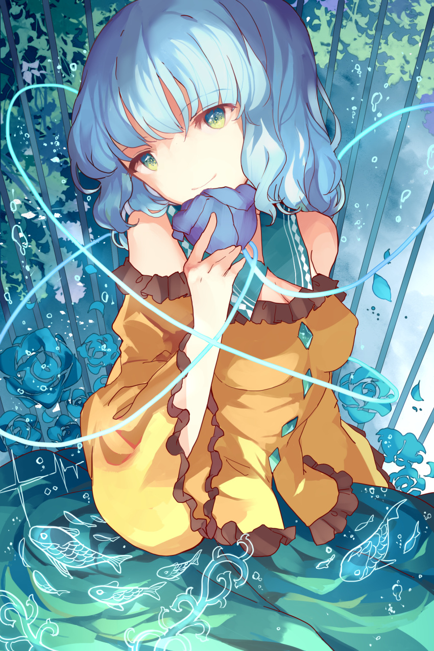 1girl absurdres adapted_costume alternate_costume bare_shoulders blue_rose bubble detached_collar fish flower green_eyes green_hair highres hillly_(maiwetea) komeiji_koishi long_sleeves looking_at_viewer no_hat petals rose shirt short_hair skirt smile solo string touhou wide_sleeves