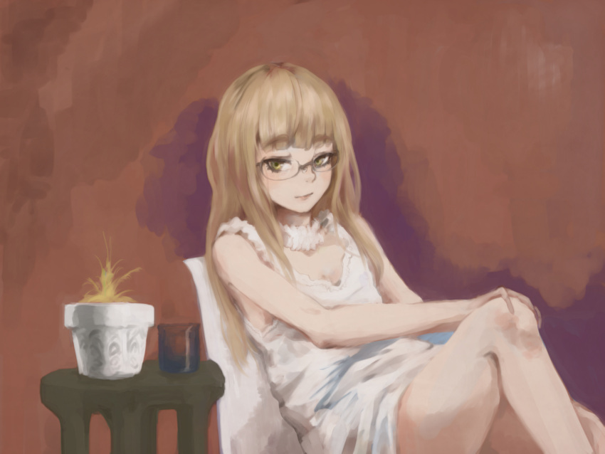 1girl blonde_hair chair dress glasses hand_on_knee highres long_hair megrim_haruyo perrine_h_clostermann plant pot sitting solo strike_witches white_dress yellow_eyes