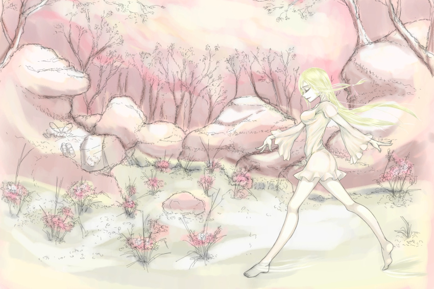 1girl ass bad_anatomy barefoot blonde_hair breasts bush closed_eyes collarbone dress fingernails flower grass hair_ribbon hat hat_removed headwear_removed highres legs light_smile long_hair long_legs long_sleeves nature neck parted_lips ribbon rock shiba_(sonodakengo) shoes_removed short_dress sky solo tabard_removed taut_clothes taut_dress thighs touhou tree wading water white_dress wide_sleeves yakumo_yukari