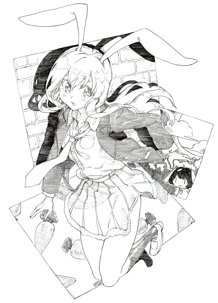2girls absurdres animal_ears carrot graphite_(medium) highres inaba_tewi jacket long_hair long_sleeves loose_necktie multiple_girls necktie open_clothes open_jacket oshake rabbit_ears reisen_udongein_inaba shirt skirt touhou traditional_media very_long_hair