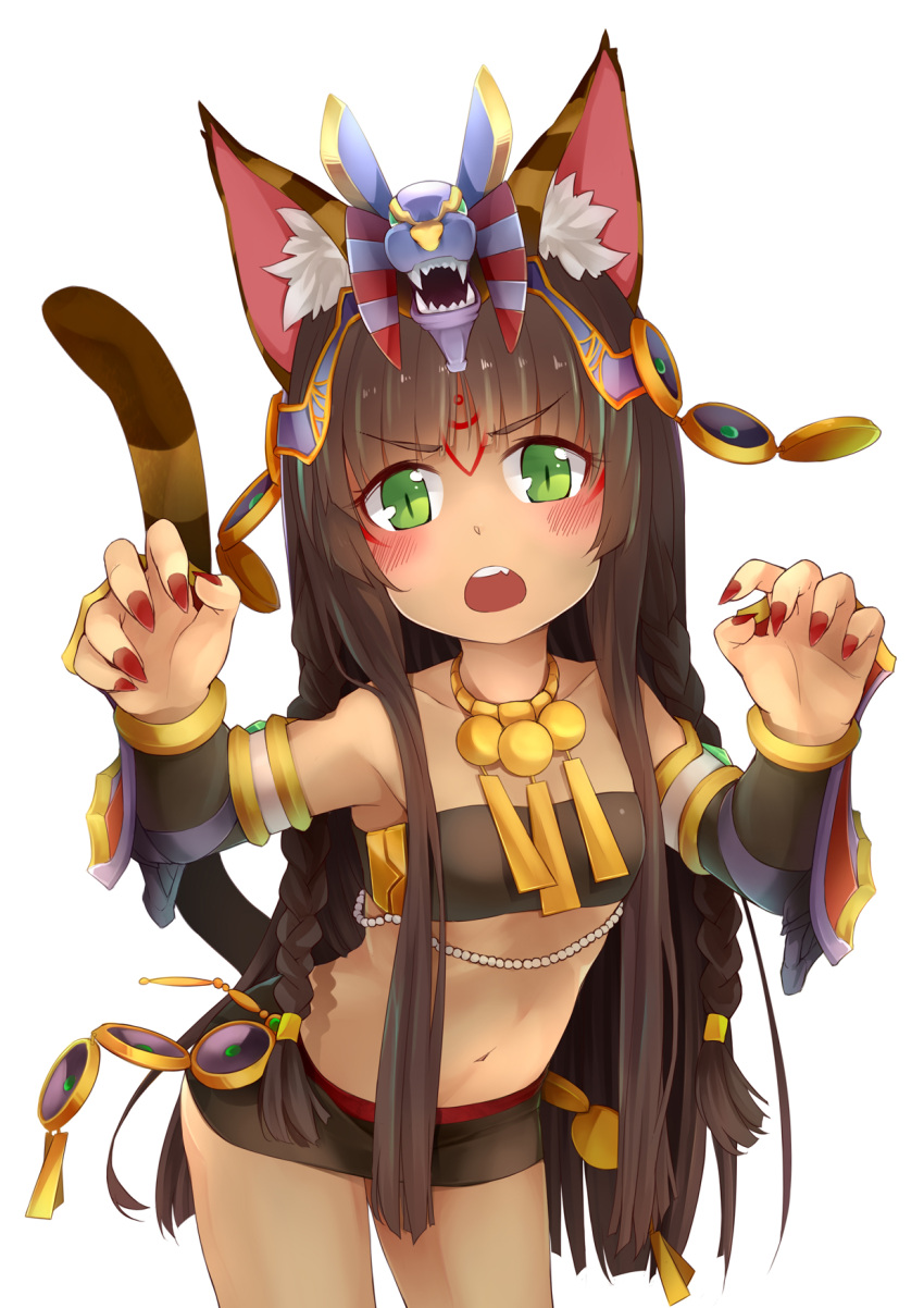 1girl 3.14 animal_ears bastet_(p&amp;d) black_hair braid cat_ears cat_tail dark_skin green_eyes highres long_hair midriff nail_polish navel puzzle_&amp;_dragons solo tail tubetop