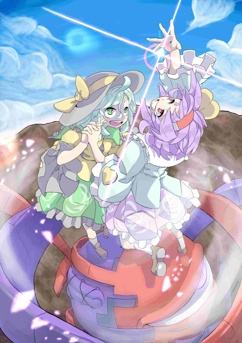 2girls absurdres aqua_hair blouse blue_sky clouds commentary_request frilled_skirt frills green_eyes grin guwinomi hairband hat hat_ribbon heart heart-shaped_pupils highres holding_hands interlocked_fingers kneehighs komeiji_koishi komeiji_satori lavender_hair lens_flare looking_up multiple_girls open_mouth reaching red_eyes ribbon siblings sisters skirt sky smile standing_on_object sun symbol-shaped_pupils third_eye touhou