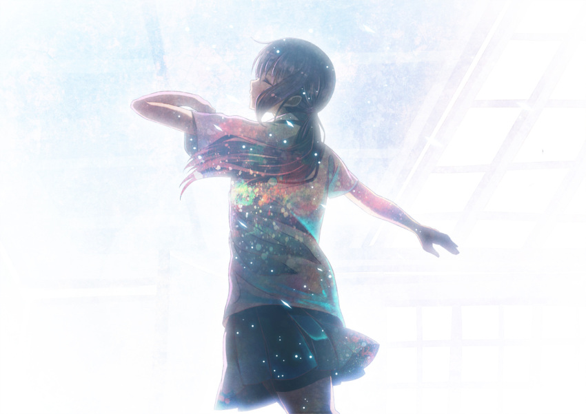 1girl bangs bare_legs brown_hair closed_eyes female furai light_particles long_hair looking_up original outstretched_arm pleated_skirt ponytail pose school_uniform short_sleeves skirt sky solo window