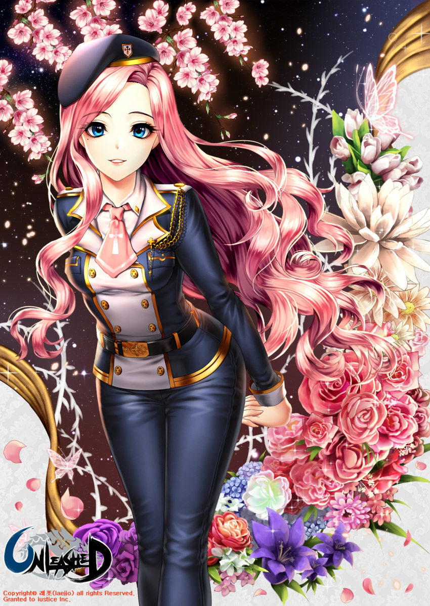 1girl arms_behind_back black_joa blue_eyes butterfly cherry_blossoms flower hat highres leaning_forward long_hair looking_at_viewer lotus makeup military military_uniform mole mole_under_eye original parted_lips pink_hair rose smile solo taut_clothes uniform unleashed wavy_hair