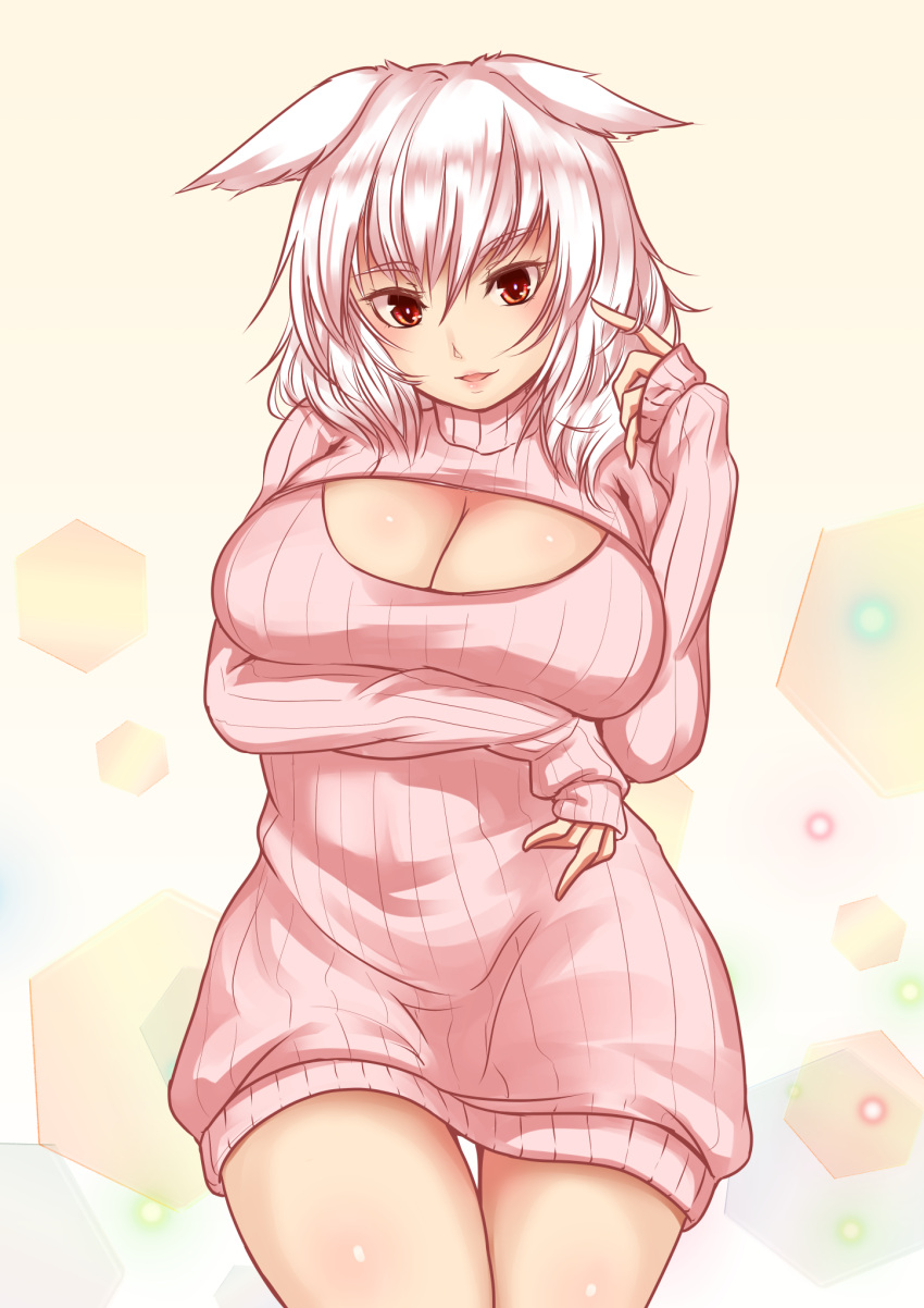 1girl animal_ears bottomless breast_hold breasts cleavage cleavage_cutout highres huge_breasts inubashiri_momiji looking_at_viewer open-chest_sweater open_mouth red_eyes short_hair silver_hair sironyan-kuronyan solo sweater touhou wolf_ears