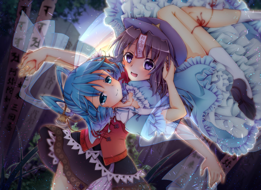 2girls amagumo aura blue_eyes blue_hair chinese_clothes dress drill_hair flat_cap folded_leg frilled_dress frills graveyard hagoromo hair_ornament hair_rings hair_stick hand_in_another's_hair hands_together hat hug kaku_seiga leg_ribbon levitation light_particles looking_at_viewer lying miyako_yoshika multiple_girls ofuda on_back open_mouth outstretched_arms shawl smile star tombstone touhou twilight twin_drills zombie_pose