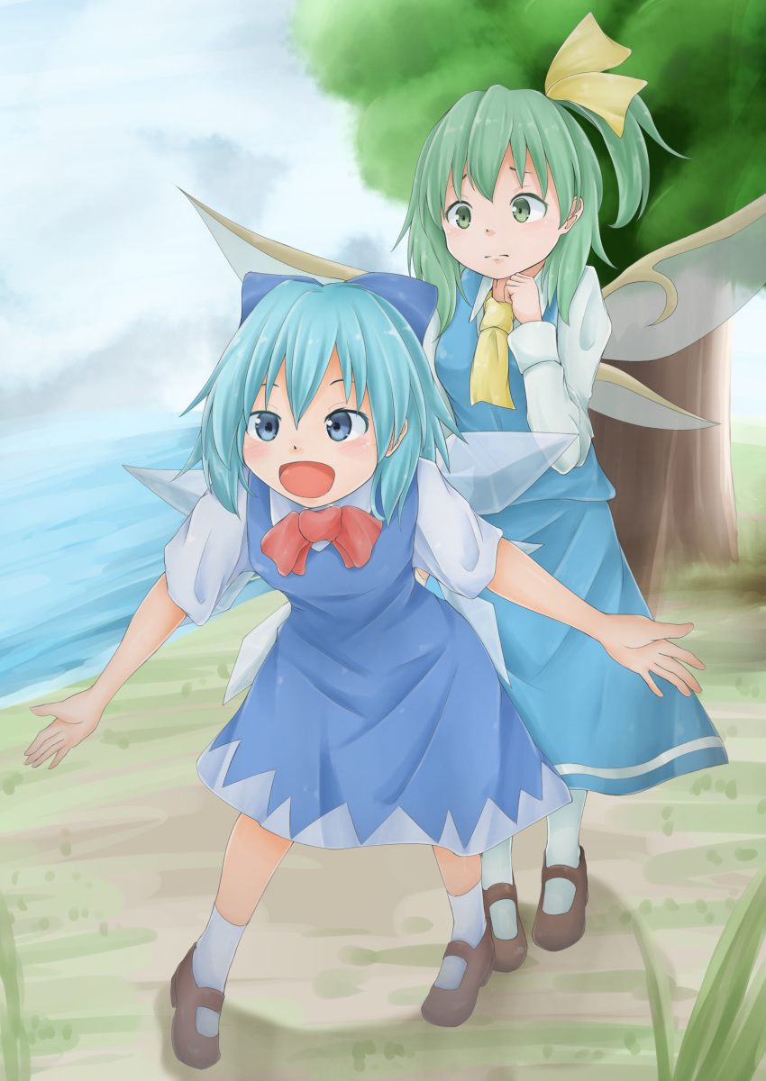 2girls absurdres ankle_socks bending_forward blue_eyes blue_hair cirno daiyousei dress facing_away fairy_wings green_eyes green_hair hair_ribbon hand_on_own_chest highres lake long_sleeves mary_janes multiple_girls open_mouth outstretched_arms pantyhose ribbon shoes short_hair short_sleeves shou_(ahiru_shinobu) side_ponytail skirt skirt_set spread_arms touhou tree white_legwear wings