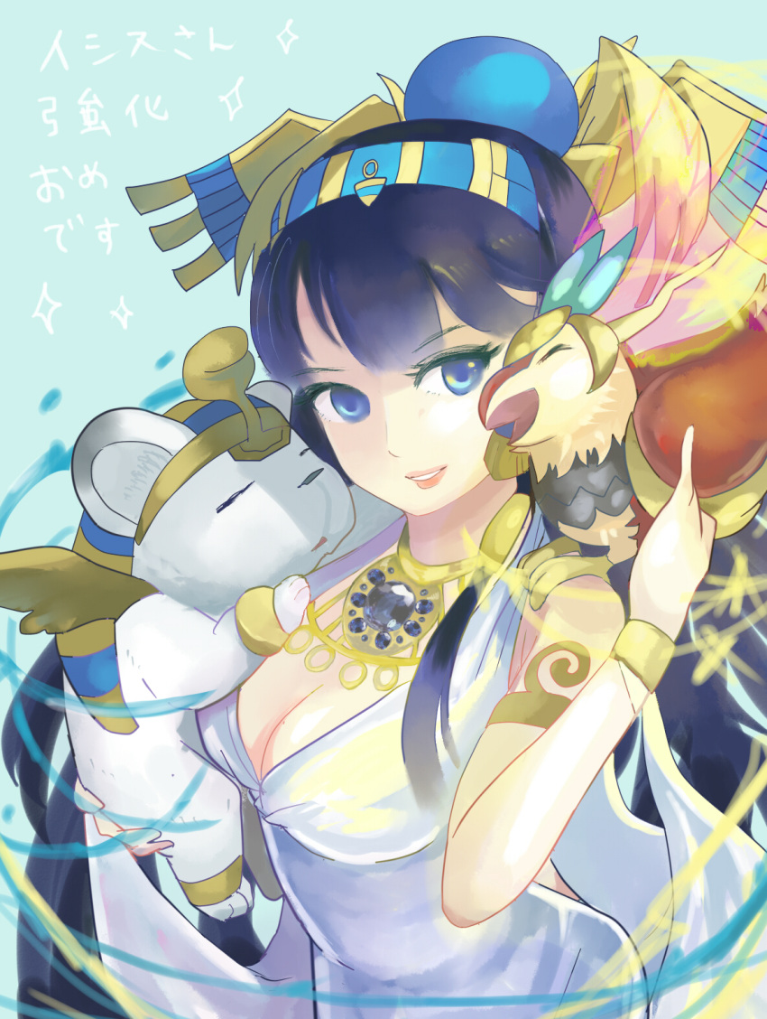 1girl animal animal_on_shoulder armlet bird bird_on_shoulder black_hair blue_eyes bracelet breasts cleavage detached_sleeves dress egyptian hair_tubes highres isis_(p&amp;d) jewelry large_breasts long_hair puzzle_&amp;_dragons smile solo white_dress