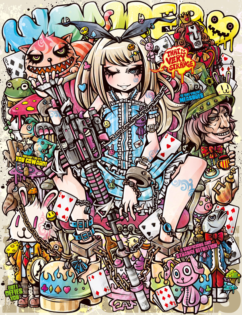 1girl =3 alice_(wonderland) alice_in_wonderland arm_strap bangs blue_eyes blunt_bangs bottle bracelet brooch bullet_hole card chain cheshire_cat cuffs dress facial_tattoo fangs fish frilled_dress frills frog gun hair_ornament hair_ribbon hairclip hat highres jewelry light_brown_hair looking_at_viewer mad_hatter mask mushroom one_eye_closed original pig playing_card project.c.k. queen_of_hearts rabbit ribbon ring screw shoes sitting spread_legs stuffed_animal stuffed_bunny stuffed_toy submachine_gun tattoo top_hat watch weapon