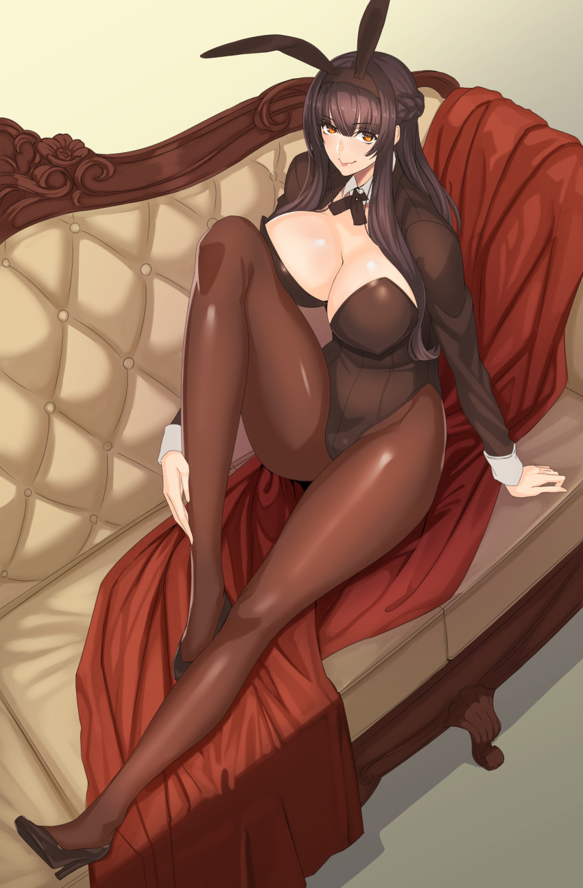1girl animal_ears bangs bed_sheet braid breasts brown_eyes brown_hair brown_legwear bunnysuit couch daglasses detached_collar fake_animal_ears high_heels highres huge_breasts knee_up long_hair long_sleeves looking_at_viewer on_couch original outstretched_leg pantyhose payot rabbit_ears sitting sleeves_folded_up smile solo